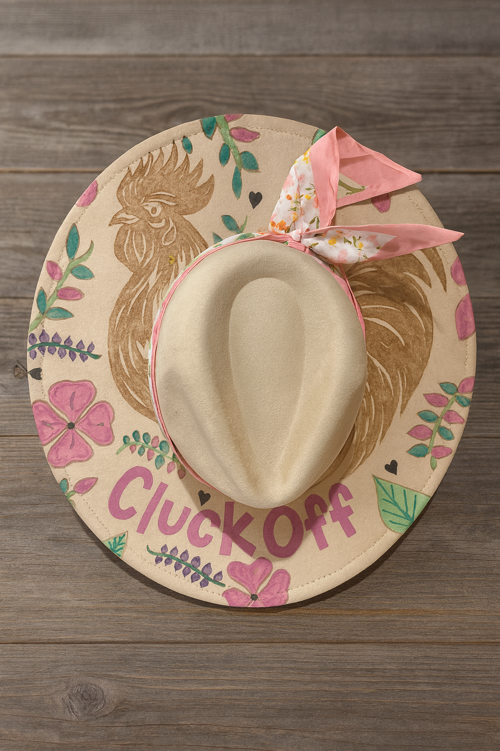 “Cluck Off” Hand-Painted  and Hand-Burned Western Hat – Floral Chicken Design